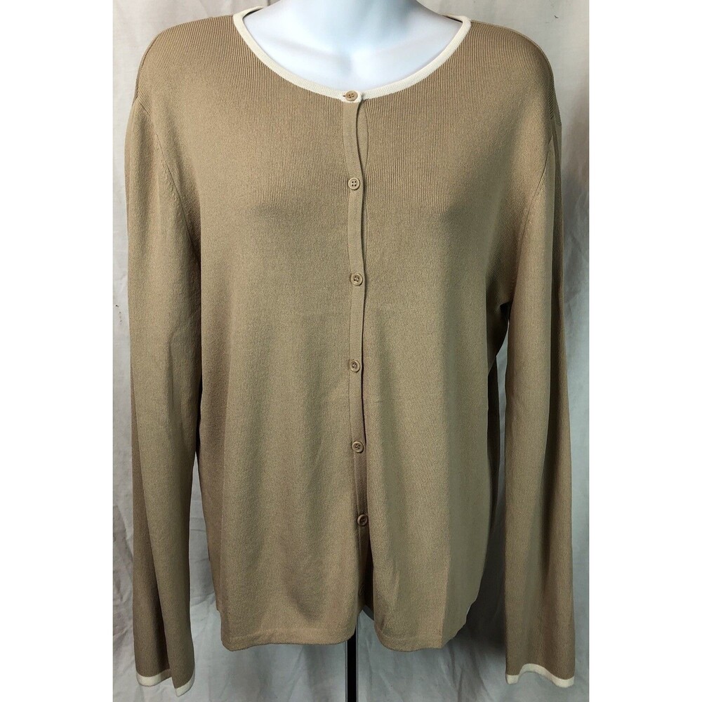John Paul Richard Cardigan Sweater M Tan Rayon Knit Long Sleeve Cottage Boho